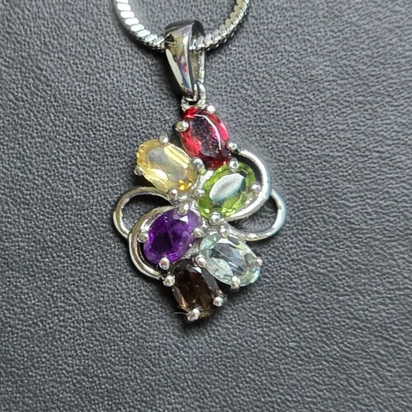 Multi Gemstone Cluster Pendant Necklace in Stainless Steel - Picture 2 of 5